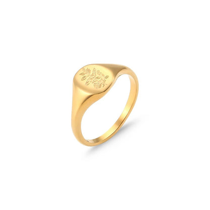 Violeta Anillo Dorado de Acero Inoxidable con Flores Silvestres Grabadas