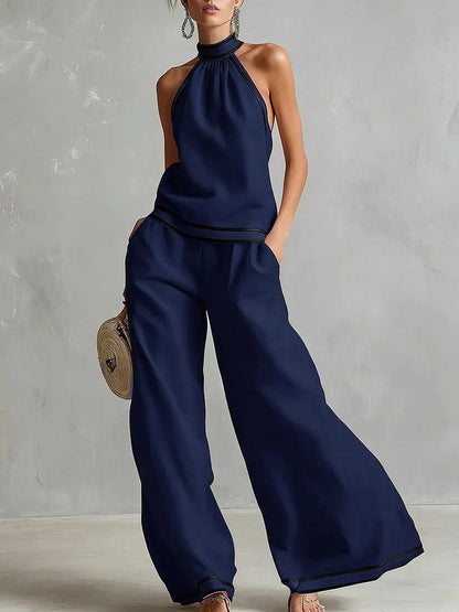 Blanca Conjunto de Dos Piezas con Top Halter y Pantalón Palazzo