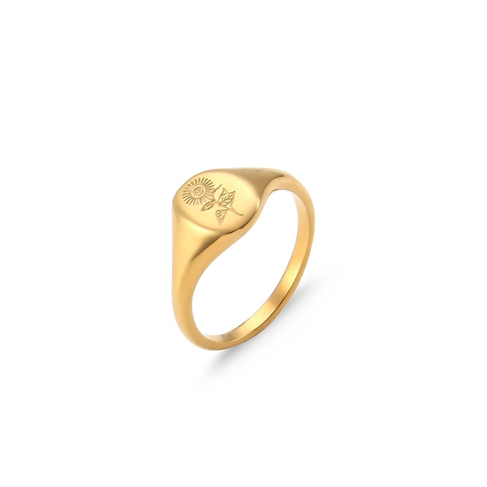 Violeta Anillo Dorado de Acero Inoxidable con Flores Silvestres Grabadas