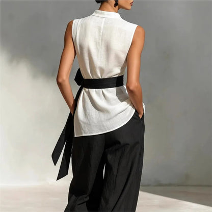 Claudia Conjunto Elegante Bicolor con Top Asimétrico y Pantalón Ancho