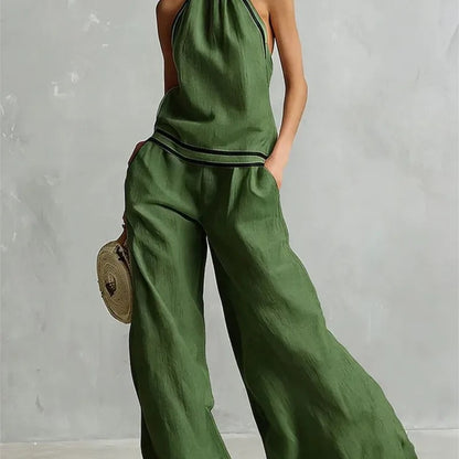 Blanca Conjunto de Dos Piezas con Top Halter y Pantalón Palazzo