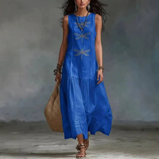 Daniela Vestido Midi Bohemio con Estampado de Libélulas