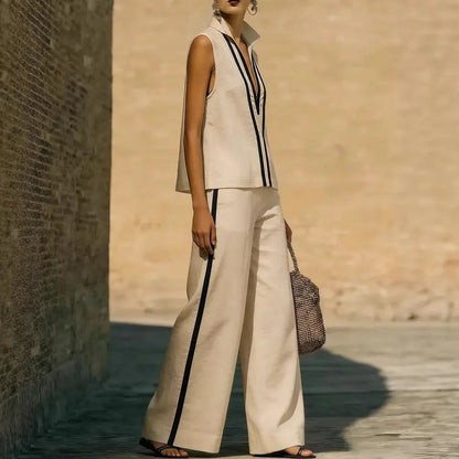 Blanca Conjunto Bicolor con Top de Cuello en V y Pantalón Ancho