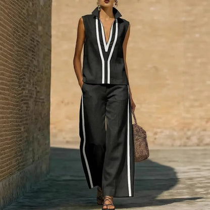 Blanca Conjunto Bicolor con Top de Cuello en V y Pantalón Ancho