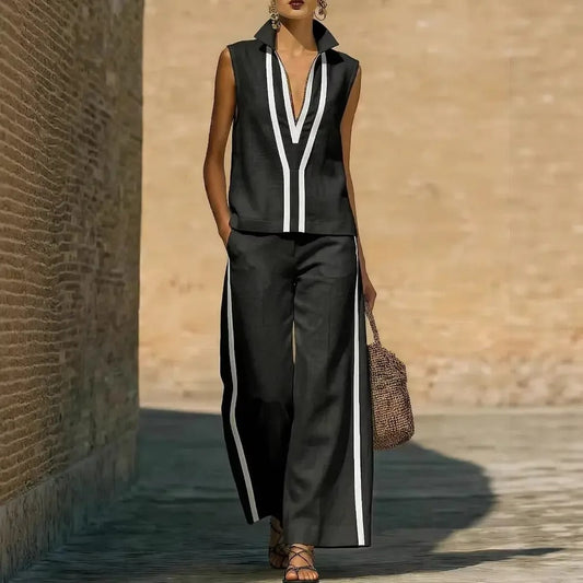 Blanca Conjunto Bicolor con Top de Cuello en V y Pantalón Ancho