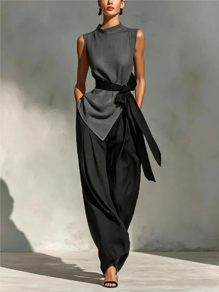 Claudia Conjunto Elegante Bicolor con Top Asimétrico y Pantalón Ancho