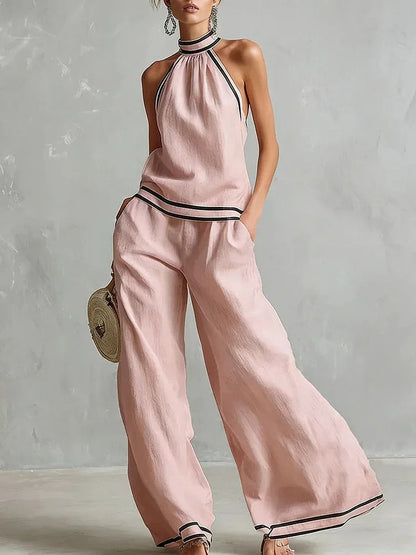 Blanca Conjunto de Dos Piezas con Top Halter y Pantalón Palazzo