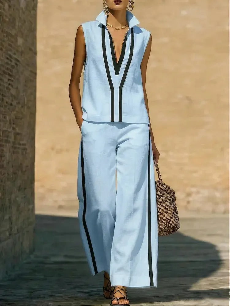 Blanca Conjunto Bicolor con Top de Cuello en V y Pantalón Ancho
