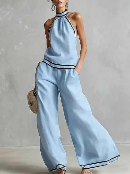 Blanca Conjunto de Dos Piezas con Top Halter y Pantalón Palazzo