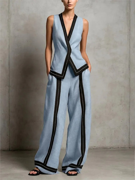 Bianca Conjunto Bicolor con Chaleco Cruzado y Pantalón Ancho