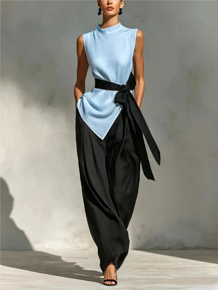 Claudia Conjunto Elegante Bicolor con Top Asimétrico y Pantalón Ancho