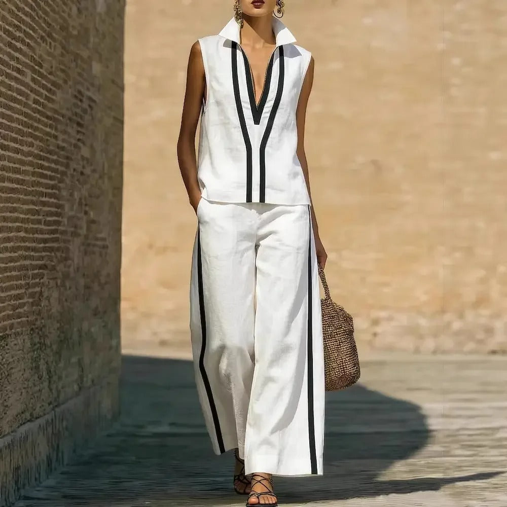 Blanca Conjunto Bicolor con Top de Cuello en V y Pantalón Ancho