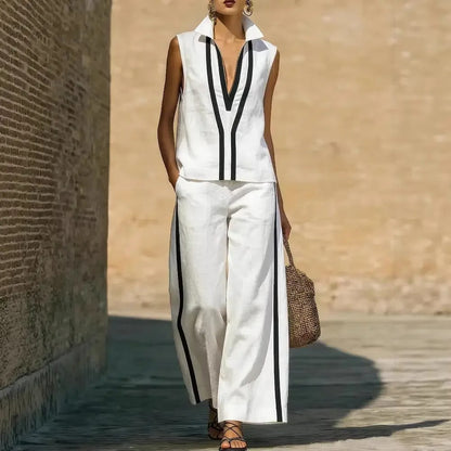 Blanca Conjunto Bicolor con Top de Cuello en V y Pantalón Ancho