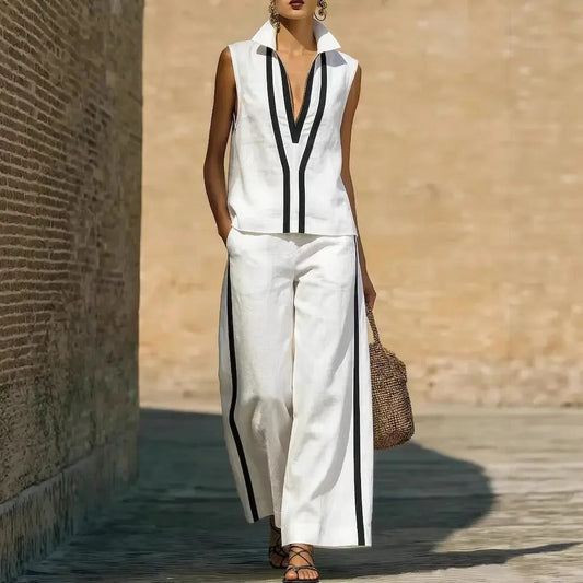 Blanca Conjunto Bicolor con Top de Cuello en V y Pantalón Ancho