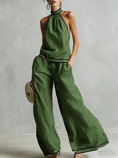Blanca Conjunto de Dos Piezas con Top Halter y Pantalón Palazzo