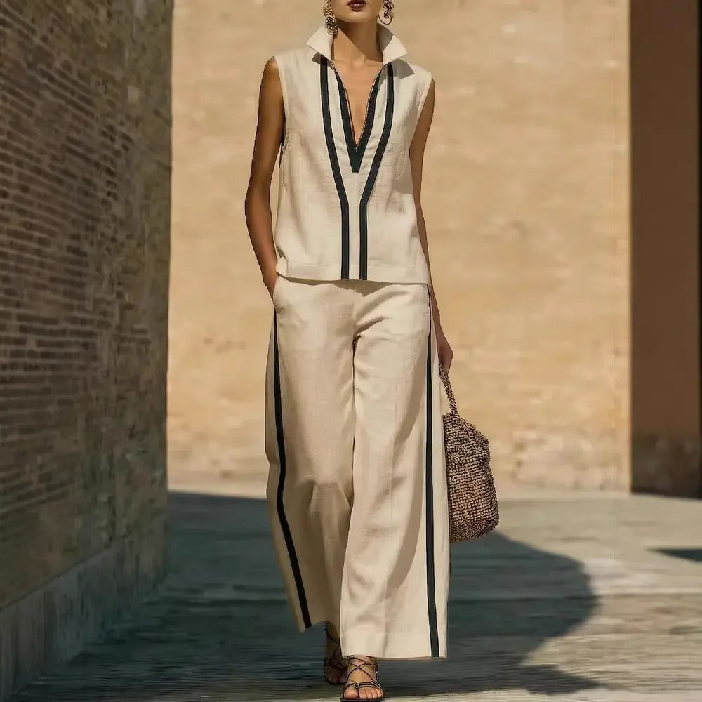 Blanca Conjunto Bicolor con Top de Cuello en V y Pantalón Ancho