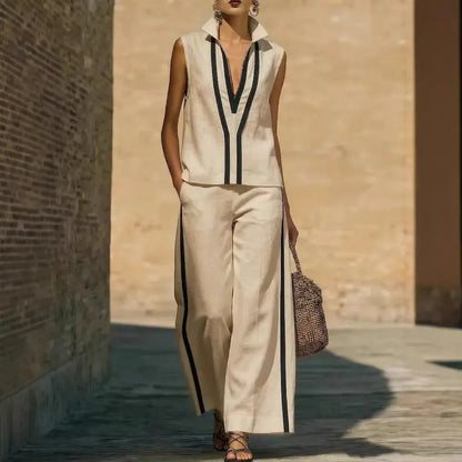 Blanca Conjunto Bicolor con Top de Cuello en V y Pantalón Ancho