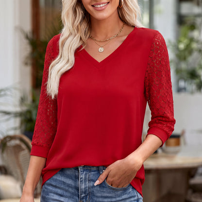 Lorena - Blusa de escote en V con mangas caladas