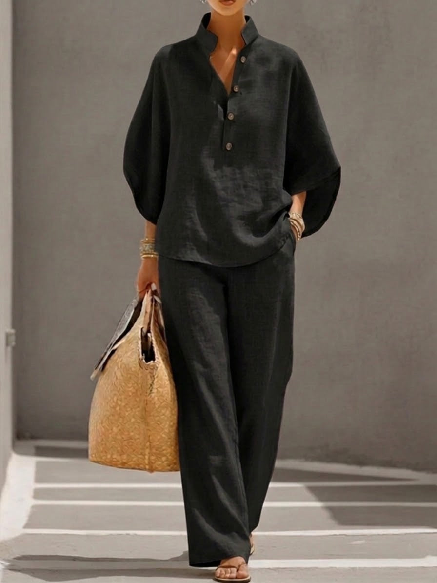 Conjunto De Lino Mujer Con Manga Murciélago Y Pantalón Ancho
