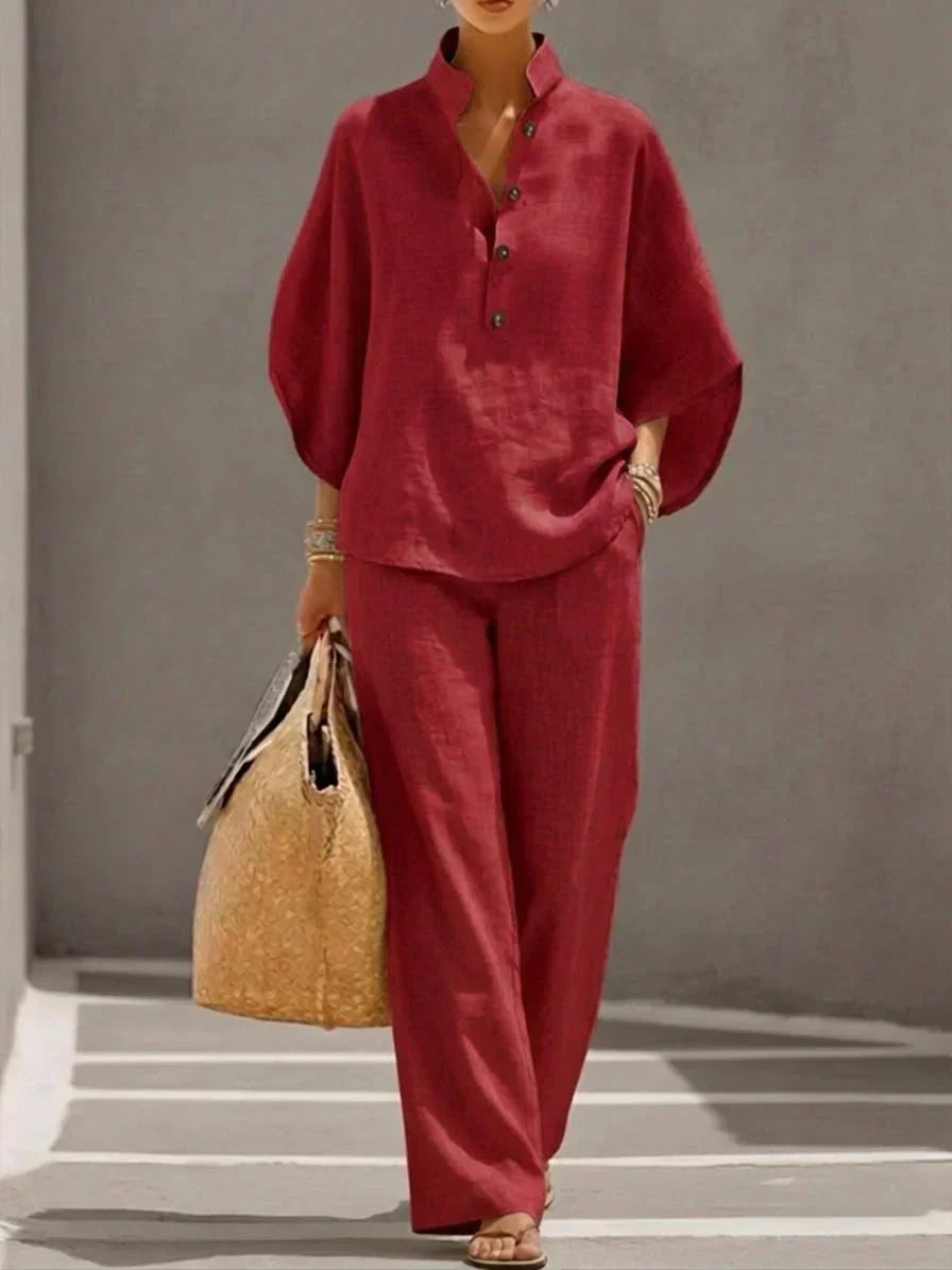 Vila Conjunto con Blusa de Mangas Murciélago y Pantalón de Pernera Ancha