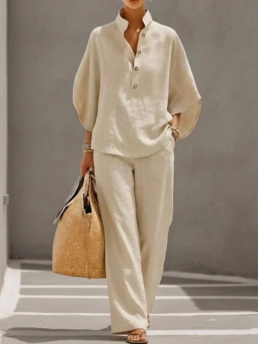 Vila Conjunto con Blusa de Mangas Murciélago y Pantalón de Pernera Ancha