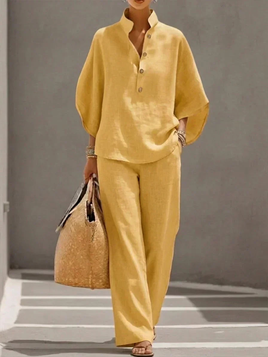 Vila Conjunto con Blusa de Mangas Murciélago y Pantalón de Pernera Ancha