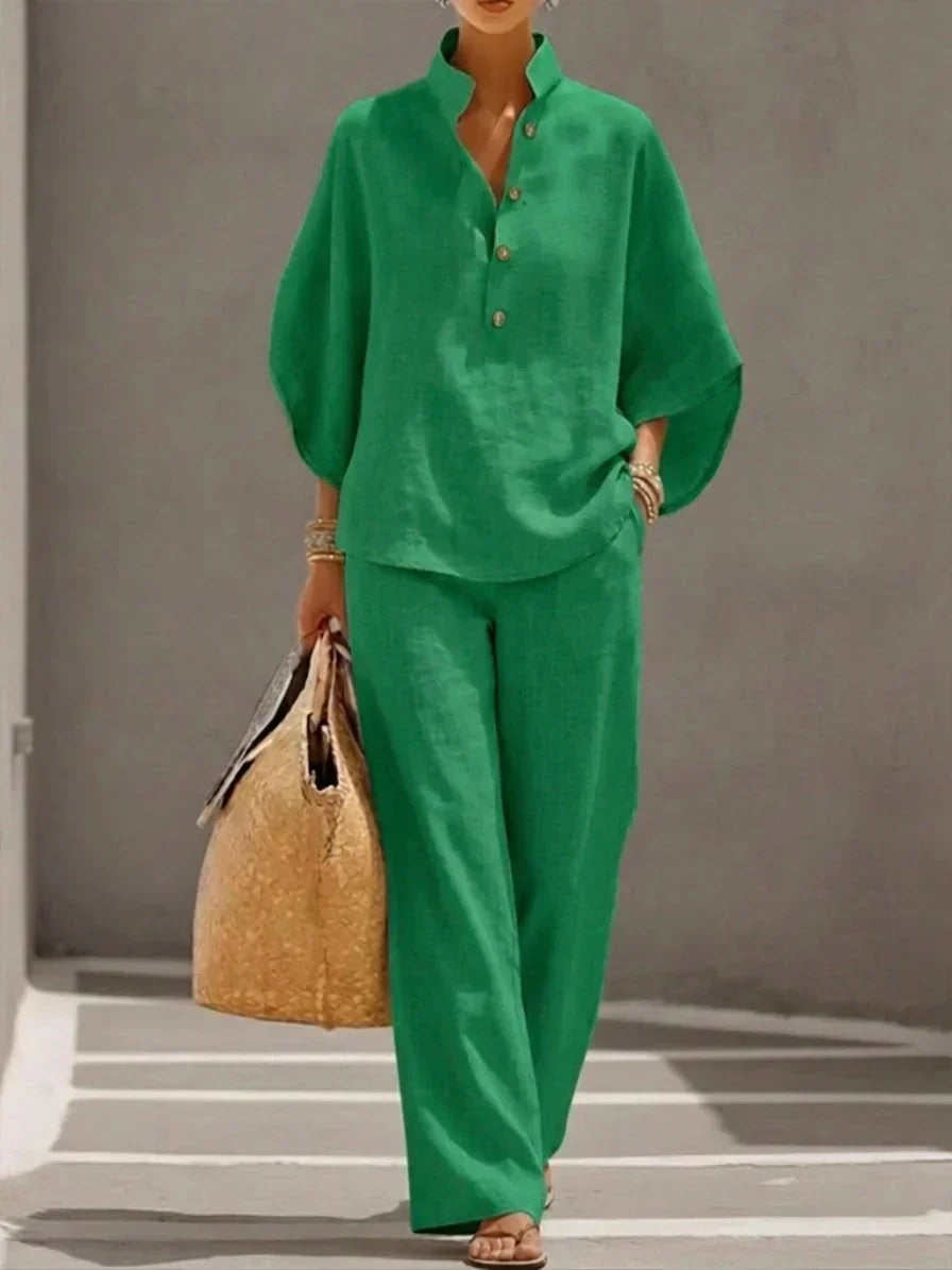 Vila Conjunto con Blusa de Mangas Murciélago y Pantalón de Pernera Ancha