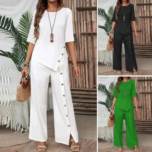 Elena - Conjunto elegante de top asimétrico y pantalón ancho