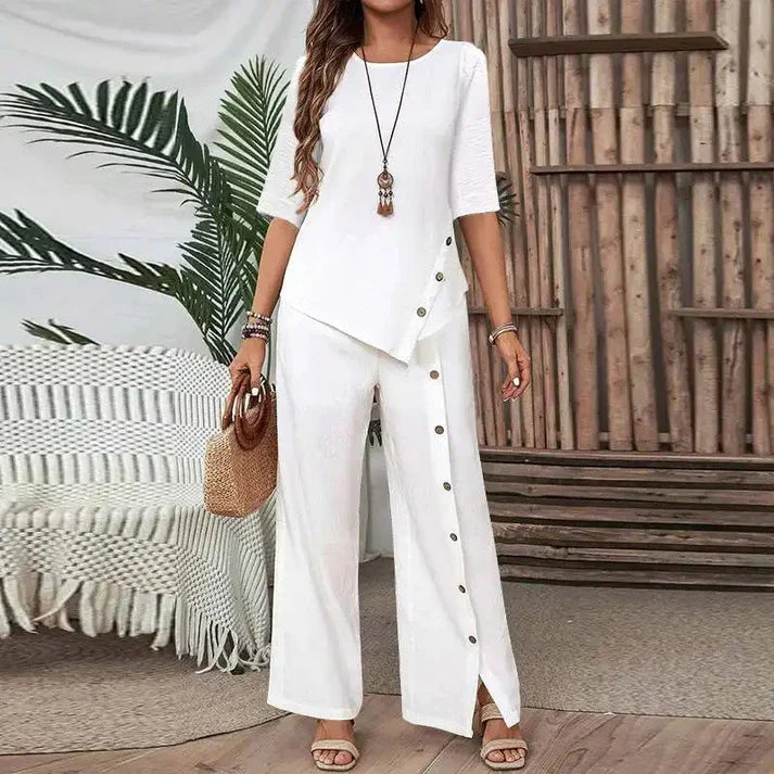 Elena - Conjunto elegante de top asimétrico y pantalón ancho