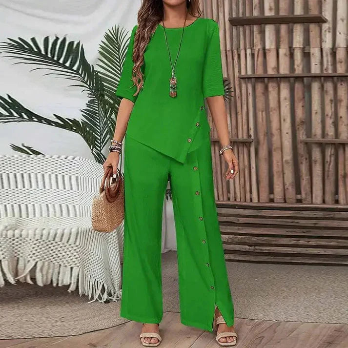 Elena - Conjunto elegante de top asimétrico y pantalón ancho