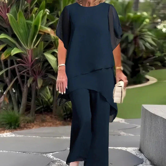 Conjunto Dama Asimétrico con Blusa Larga y Pantalón Amplio
