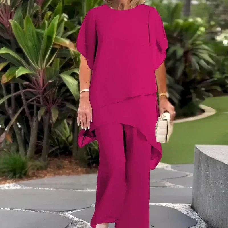 Conjunto Dama Asimétrico con Blusa Larga y Pantalón Amplio