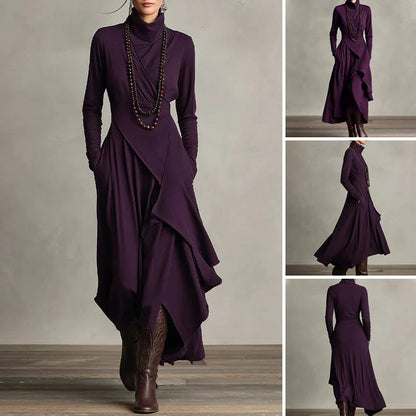 Elena - Vestido maxi elegante con cuello alto y drapeado asimétrico
