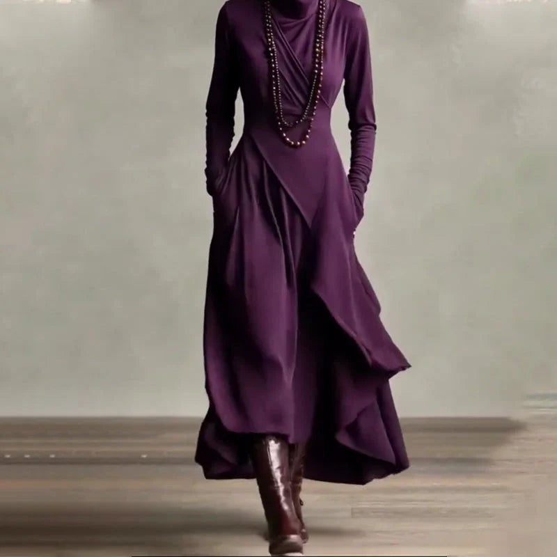 Elena - Vestido maxi elegante con cuello alto y drapeado asimétrico