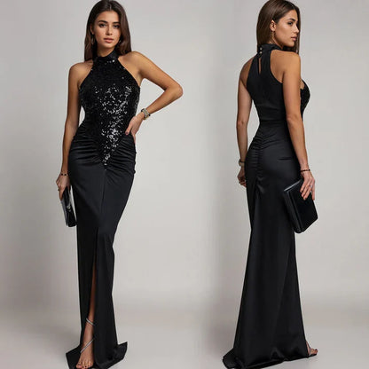 Victoria - Vestido halter con abertura y lentejuelas