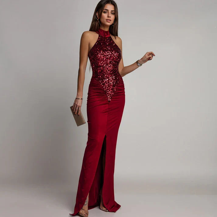 Victoria - Vestido halter con abertura y lentejuelas