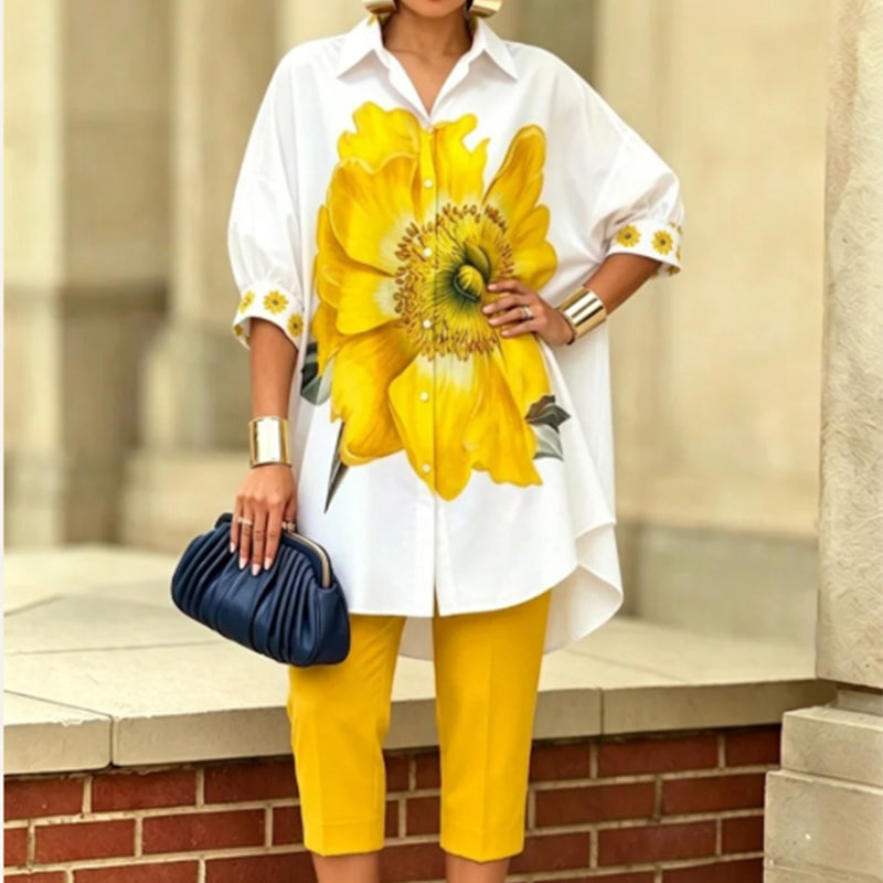 Conjunto Doble Floral Mujer Top Oversize y Pantalón Cropped