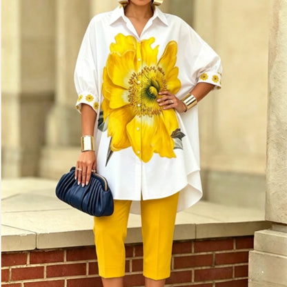 Conjunto Doble Floral Mujer Top Oversize y Pantalón Cropped