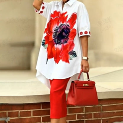 Conjunto Doble Floral Mujer Top Oversize y Pantalón Cropped