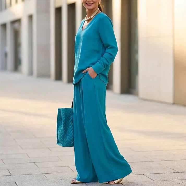 Bianca - Conjunto cómodo con cuello en V y pantalones de pierna ancha