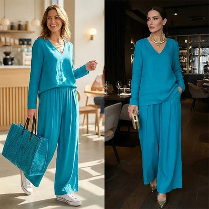 Bianca - Conjunto cómodo con cuello en V y pantalones de pierna ancha