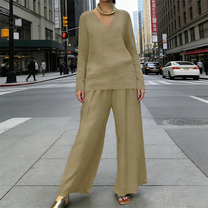 Bianca - Conjunto cómodo con cuello en V y pantalones de pierna ancha