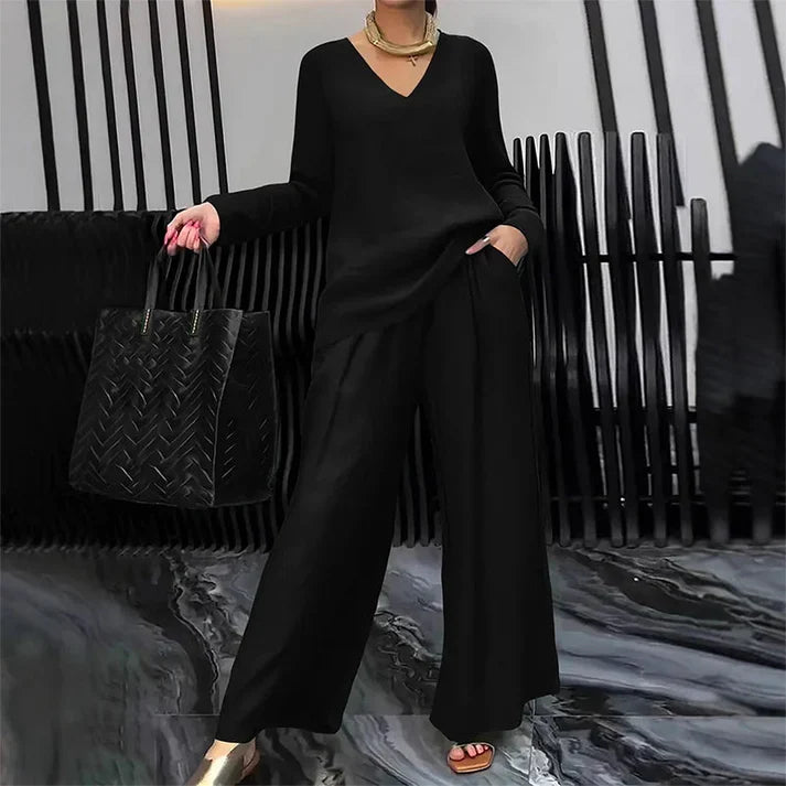 Bianca - Conjunto cómodo con cuello en V y pantalones de pierna ancha