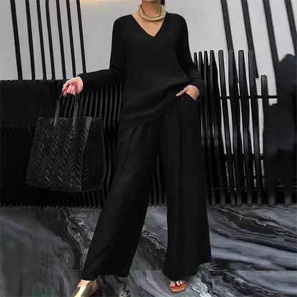 Bianca - Conjunto cómodo con cuello en V y pantalones de pierna ancha