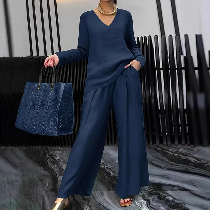 Bianca - Conjunto cómodo con cuello en V y pantalones de pierna ancha