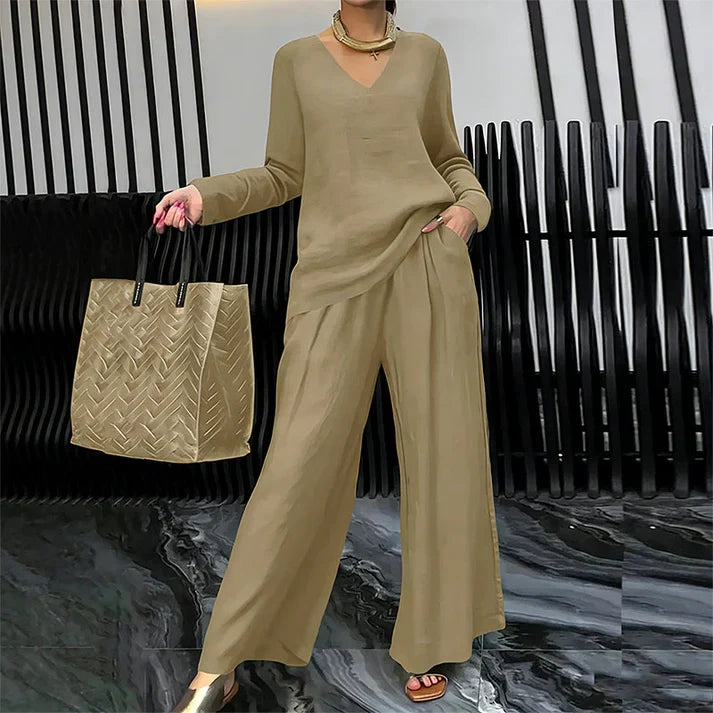 Bianca - Conjunto cómodo con cuello en V y pantalones de pierna ancha