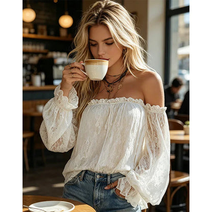 Leonor - Blusa boho de encaje con hombros descubiertos