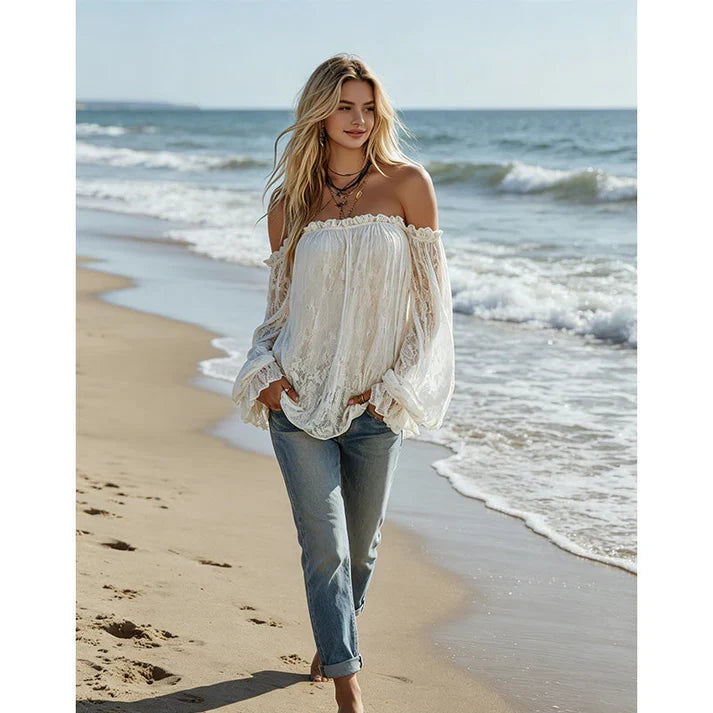 Leonor - Blusa boho de encaje con hombros descubiertos