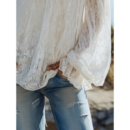 Leonor - Blusa boho de encaje con hombros descubiertos