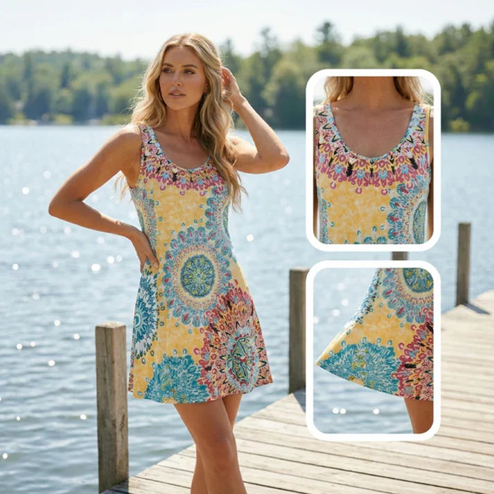 Luna - Vestido de verano estampado sin mangas de corte en A